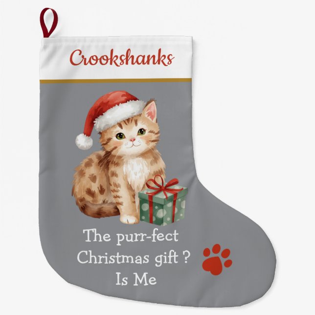 Cute Cat with Santa Hat Christmas Stocking – Funny Stor Julstrumpa (Framsidan)