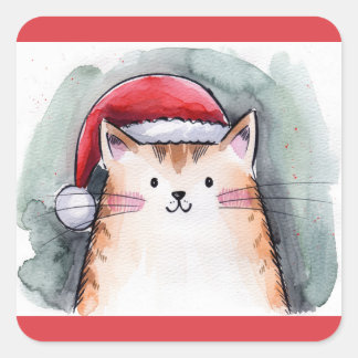Cute Cat with Santa Hat Square Stickers Fyrkantigt Klistermärke