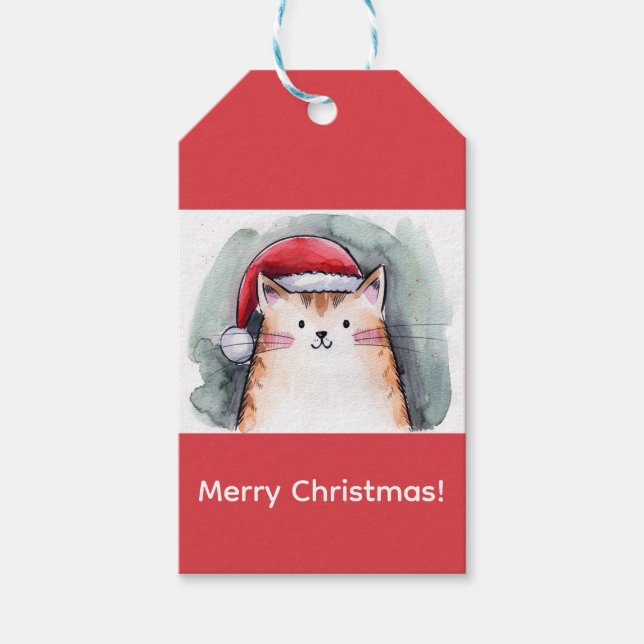 Cute Cat with Santa Hat Square Stickers Presentetikett (Framsidan)