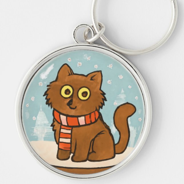 Cute Cat with Scarf Keychain Rund Silverfärgad Nyckelring (Framsidan)