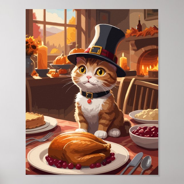 Cute cat with Thanksgiving Turkey Poster (Framsidan)