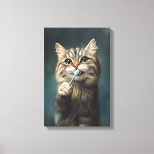 Cute Cat with Toothbrush Perfekt for Bathroom Canvastryck