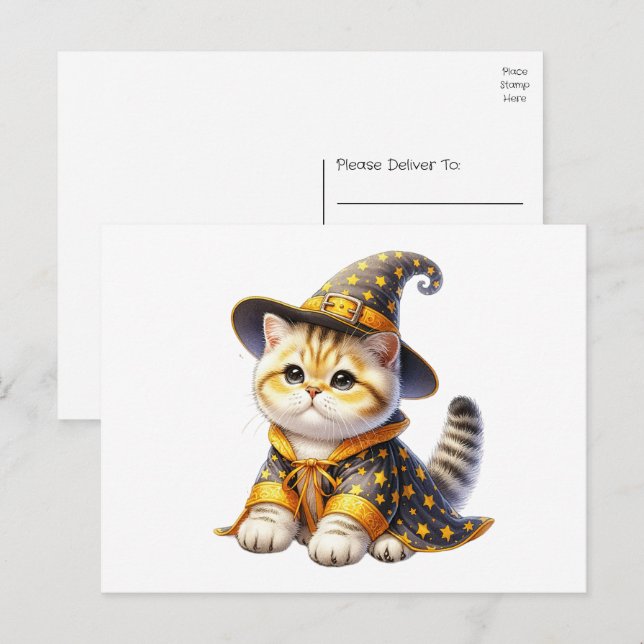 Cute Cat Wizard Witch Hello Love Thinking You Vykort (Fram/baksida)