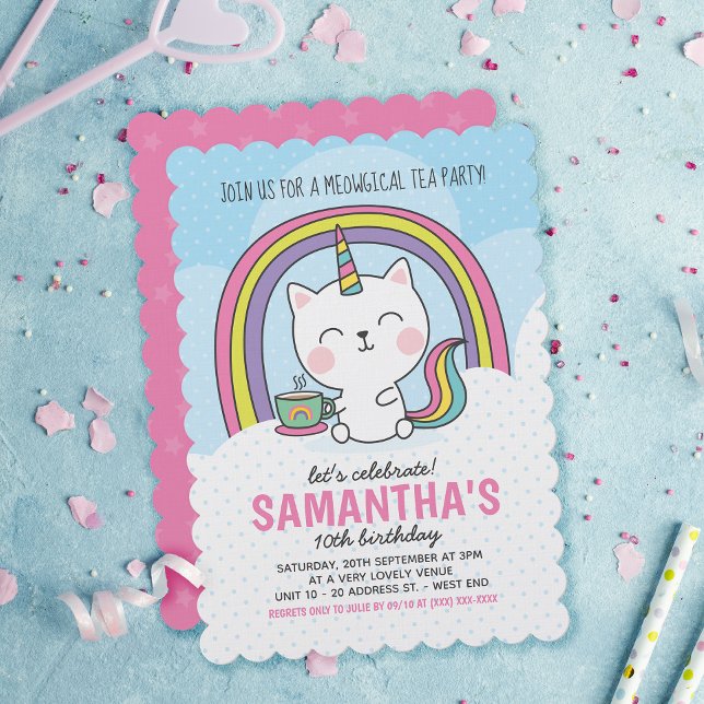 Cute Caticorn Cat Unicorn Tea Party Inbjudningar (Skapare uppladdad)