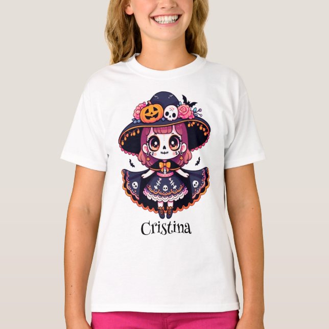 Cute catrina girl halloween personalized t shirt (Framsida)
