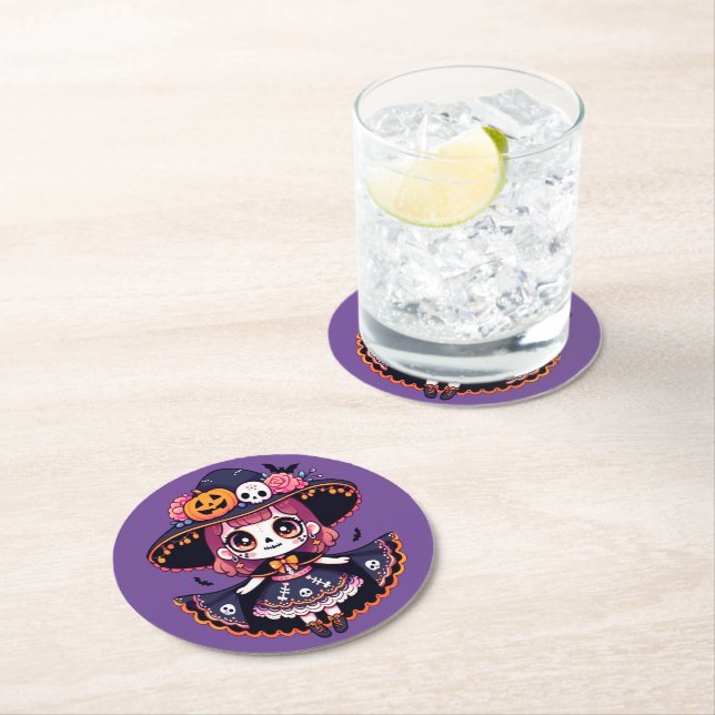 Cute catrina girl halloween  underlägg papper rund (Insitu)