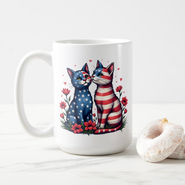 Cute Cats American Flagga and Flowers Patriotic Kaffemugg (Med munk)