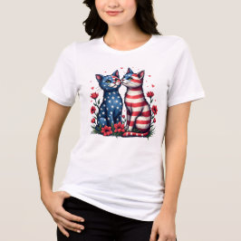 Cute Cats American Flagga and Flowers Patriotic T Shirt