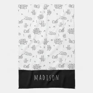Cute Cats Black and White Doodle Mönster Kökshandduk