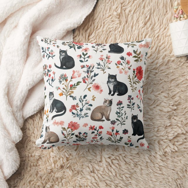 Cute Cats & Blommönster Pillow Mysigt dekoration Kudde (Filt)