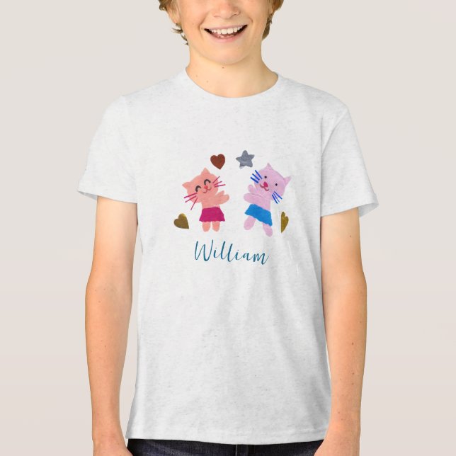 Cute Cats Blue Birthday Namn T Shirt (Framsida)