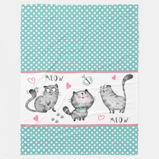 Cute Cats, Butterflies, Polka dots, Hjärter Fleecefilt (Framsidan)
