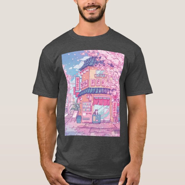 Cute cats cafe and the pink cherry trees blossom f t shirt (Framsida)