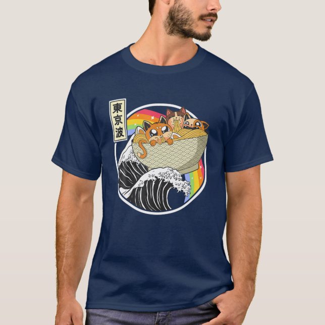 Cute Cats Eating Ramen Kanagawa Wave Rainbow Kawai T Shirt (Framsida)