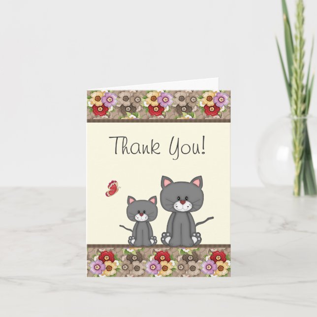 Cute Cats, Flowers och Butterfly - tack, ditt kort (Framsida)