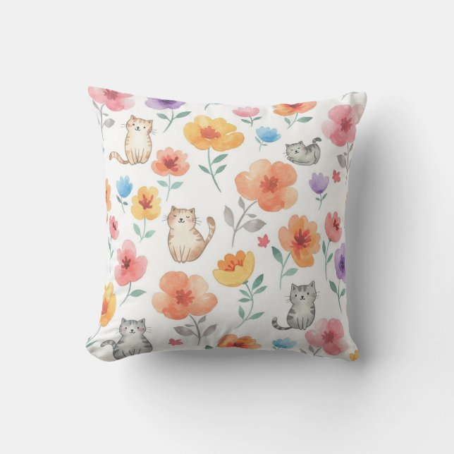 Cute Cats Flowers Pillow Kudde (Framsida)