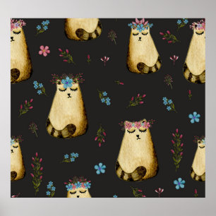 Cute Cats Flowers Watercolor Mönster Poster