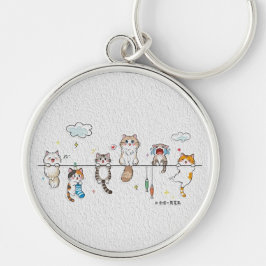 Cute Cats Hanging Keychain Rund Silverfärgad Nyckelring