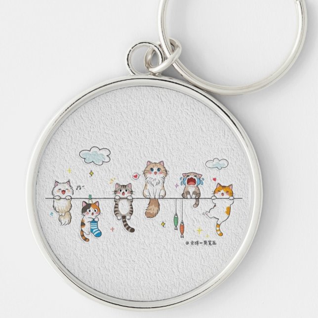 Cute Cats Hanging Keychain Rund Silverfärgad Nyckelring (Framsidan)