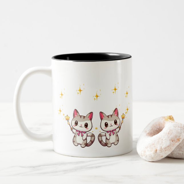 Cute Cats Holding Magic Trollspö Heart Stars Två-Tonad Mugg (Med munk)