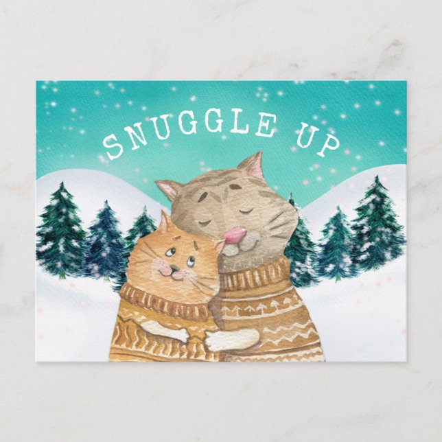 Cute Cats Hugger Snuggle Up Forest Snö Scene Helg Vykort (Framsida)