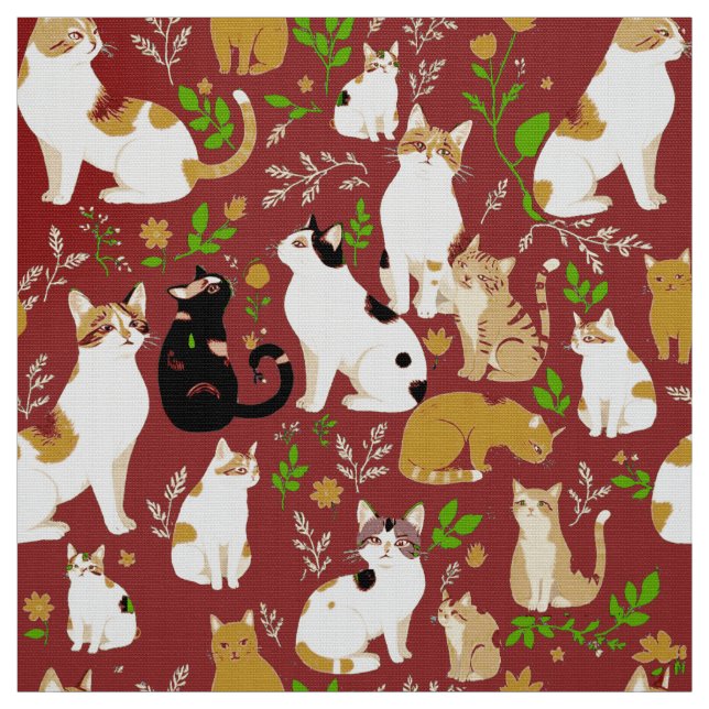 Cute Cats i Burgundy-bakgrunden Tyg (Provkarta)