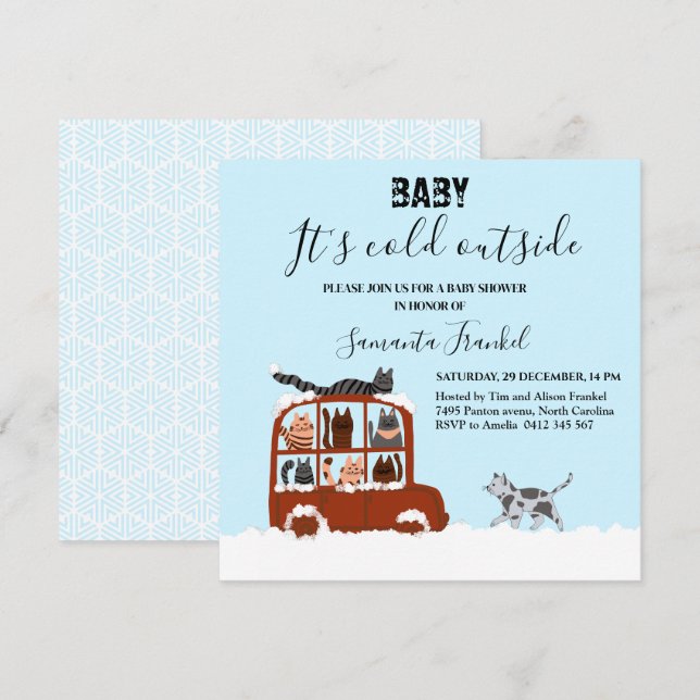 Cute Cats in car Winter Cold Baby Shower  Inbjudningar (Fram/baksida)