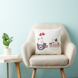 Cute Cats in Cups with Heart Balloons Kudde