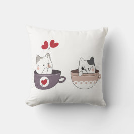 Cute Cats in Cups with Heart Balloons Kudde