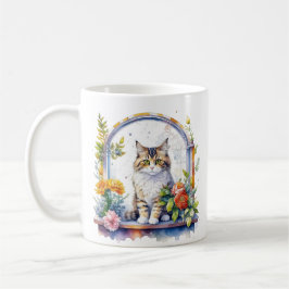 Cute Cats in Window of Flowers Kaffemugg