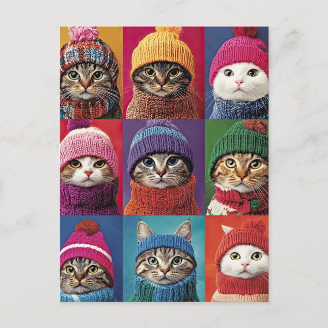 Cute Cats in Winter Hats Scarves Julhusen Vykort (Framsida)