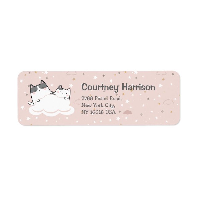 Cute Cats Kawaii Pastel Rosa Cloud Returadress Etikett (Framsidan)