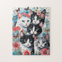 Cute Cats med Rosa Flowers och Butterflies