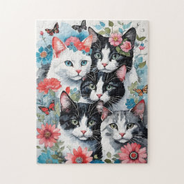 Cute Cats med Rosa Flowers och Butterflies Pussel