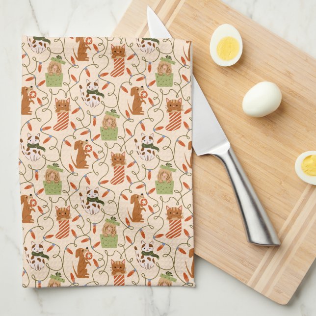 Cute Cats och Hundar jul Ljus Kökshandduk (Vikt i Fjärdedel)