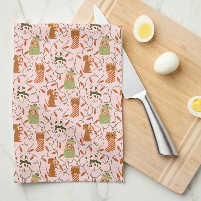 Cute Cats och Hundar Juli Ljus Rosa Kökshandduk (Vikt i Fjärdedel)