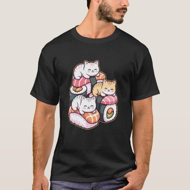 Cute Cats on Sushi Kawaii Art Food Lover T Shirt (Framsida)
