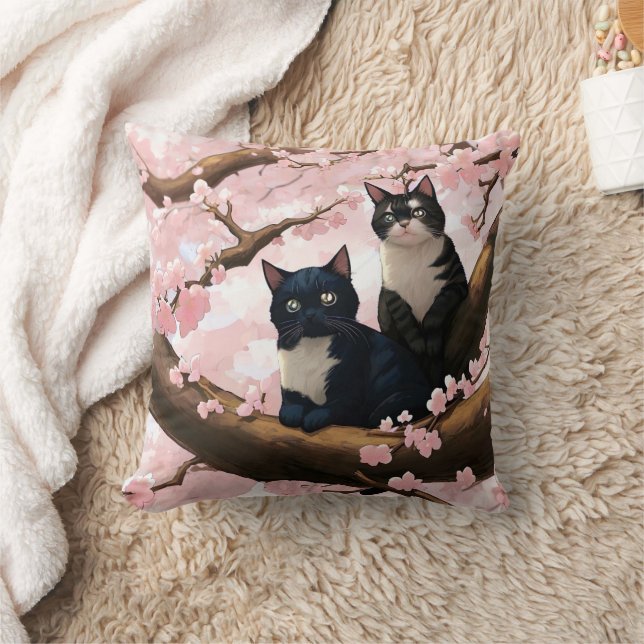 Cute Cats på en Cherry Blommar Träd Kudde (Filt)