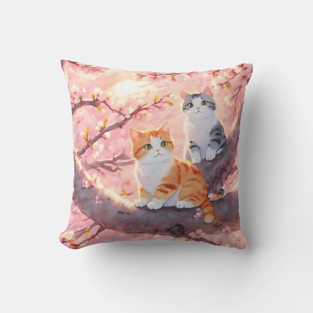 Cute Cats på en Cherry Blommar Träd Kudde (Framsida)