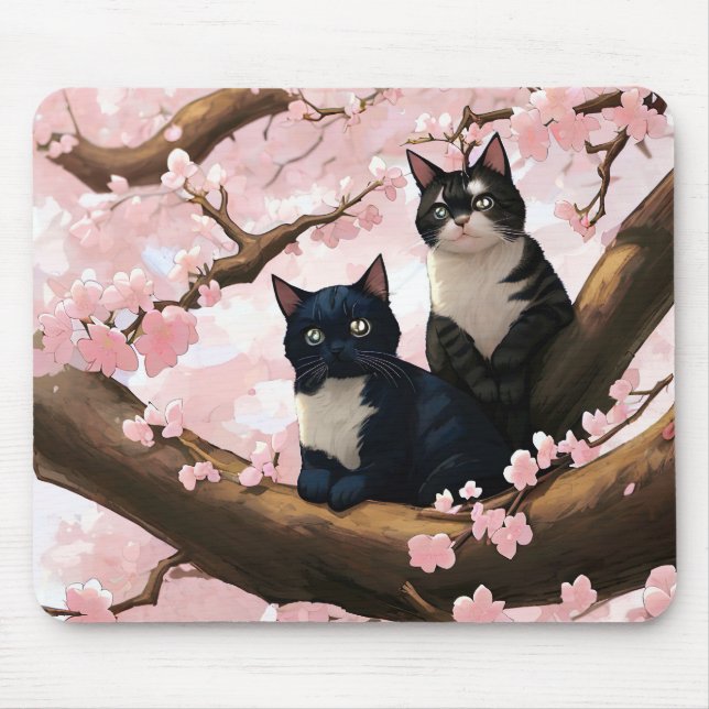 Cute Cats på en Cherry Blommar Träd Musmatta (Framsidan)