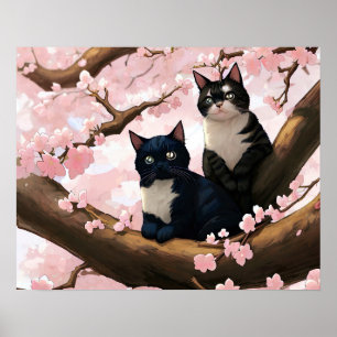 Cute Cats på en Cherry Blommar Träd Poster