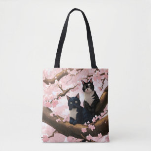 Cute Cats på en Cherry Blommar Träd Tygkasse