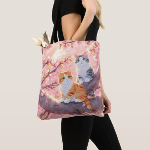 Cute Cats på en Cherry Blommar Träd Tygkasse