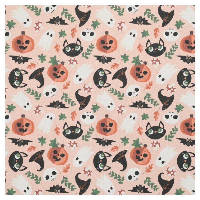 Cute Cats & Pumpkins  Black Halloween Mönster Tyg (Provkarta)