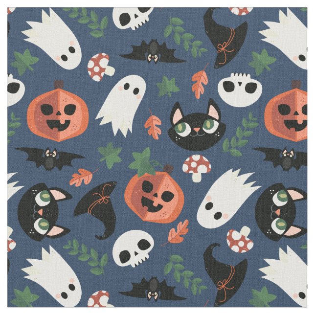 Cute Cats & Pumpkins Navy Blue Halloween Mönster Tyg (Närbild)