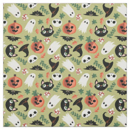 Cute Cats & Pumpkins Olive Black Halloween Mönster Tyg
