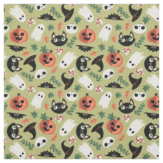 Cute Cats & Pumpkins Olive Black Halloween Mönster Tyg (Provkarta)