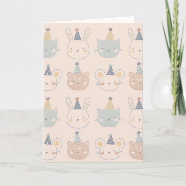 Cute Cats Rabbits and Bears Faces Pastel Pattern Kort (Framsida)