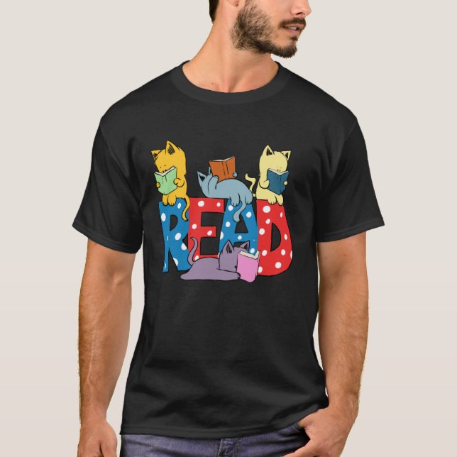 cute cats reading books librarian teacher graphic t shirt (Framsida)