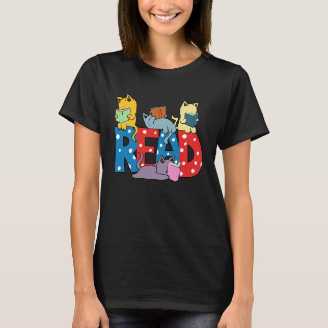 cute cats reading books librarian teacher graphic t shirt (Framsida)